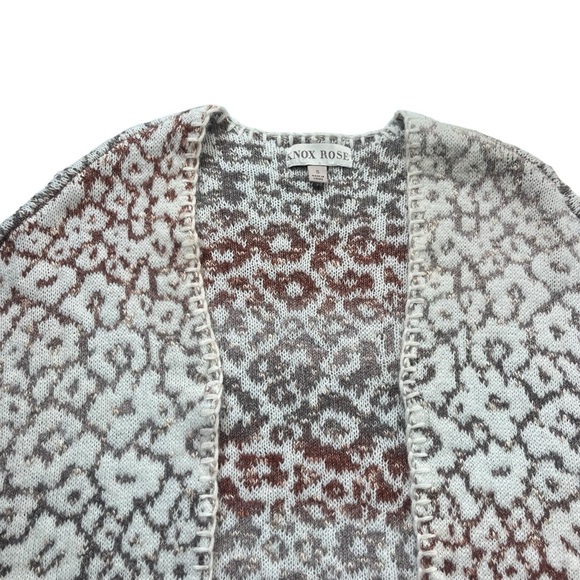 Knox Rose Womens S Cream Brown Jacquard Animal Print Floral Knit Poncho Cardigan - Picture 6 of 15